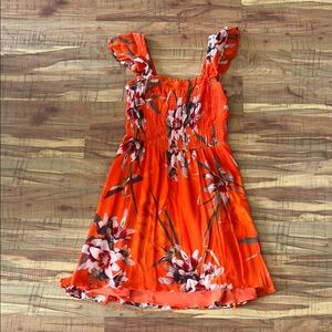 All Saints Orange Floral Ruffle-Shoulder Mini Dress